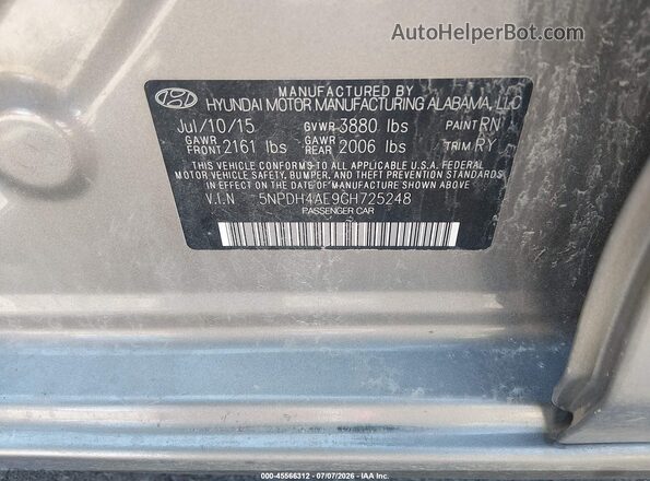 5NPDH4AE9GH725248 2016 HYUNDAI ELANTRA Gray ძრავის განყოფილების ხედი