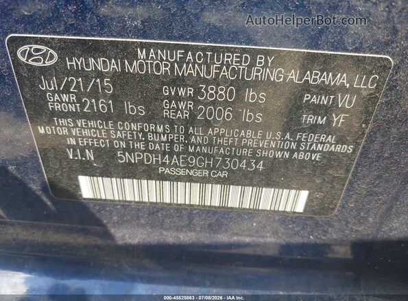 5NPDH4AE9GH730434 2016 HYUNDAI ELANTRA Blue ძრავის განყოფილების ხედი