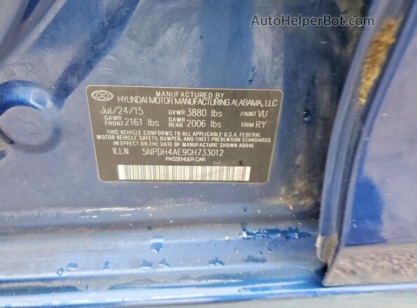 5NPDH4AE9GH733012 2016 HYUNDAI ELANTRA Blue VIN კოდის სტიკერის ხედი