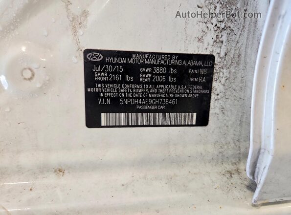 5NPDH4AE9GH736461 2016 HYUNDAI ELANTRA White Vista de la etiqueta del VIN