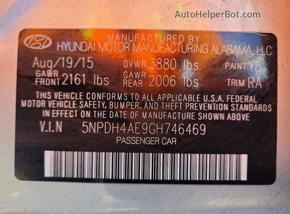 5NPDH4AE9GH746469 2016 HYUNDAI ELANTRA Silver VIN sticker view