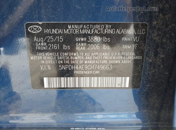 5NPDH4AE9GH749663 2016 HYUNDAI ELANTRA Blue Vista del compartimento del motor