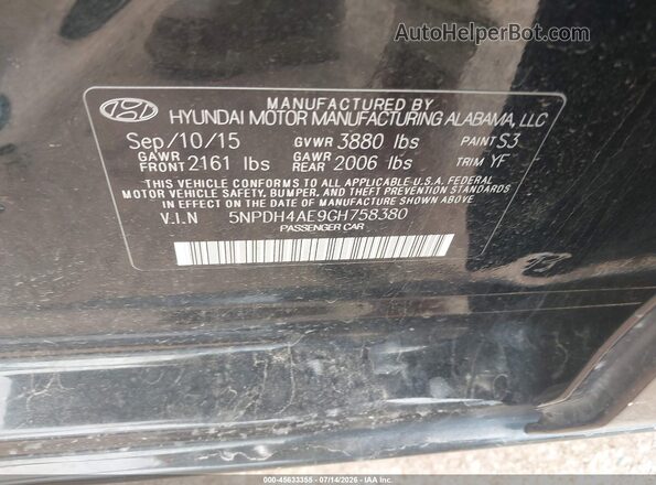 5NPDH4AE9GH758380 2016 HYUNDAI ELANTRA Black Вид підкапотного простору