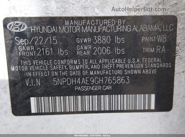 5NPDH4AE9GH765863 2016 HYUNDAI ELANTRA White Вид підкапотного простору