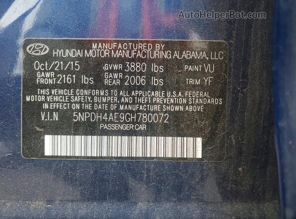 5NPDH4AE9GH780072 2016 HYUNDAI ELANTRA Blue VIN sticker view