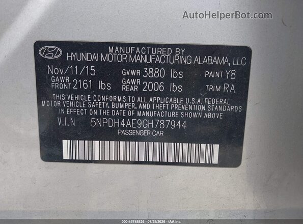 5NPDH4AE9GH787944 2016 HYUNDAI ELANTRA Silver Widok komory silnika