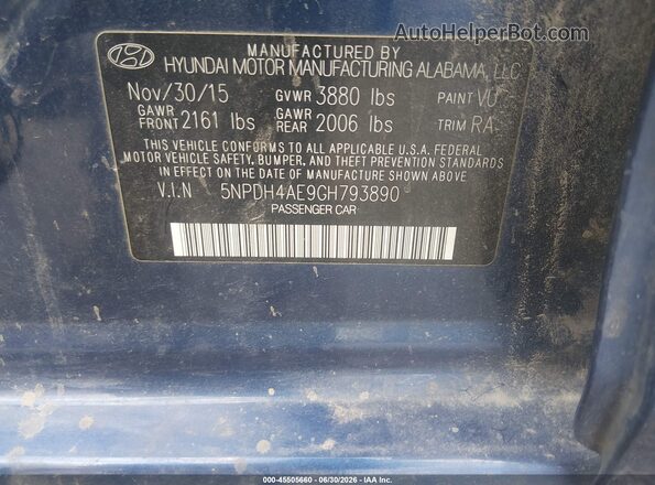 5NPDH4AE9GH793890 2016 HYUNDAI ELANTRA Blue Вид підкапотного простору