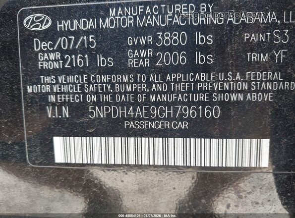 5NPDH4AE9GH796160 2016 HYUNDAI ELANTRA Black Շարժիչի բաժամունքի տեսք