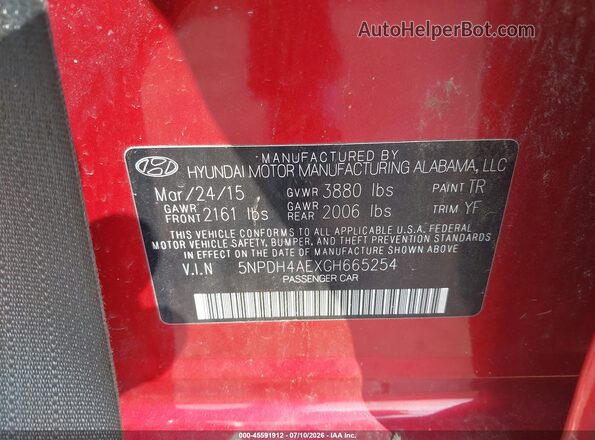 5NPDH4AEXGH665254 2016 HYUNDAI ELANTRA Red Вид підкапотного простору
