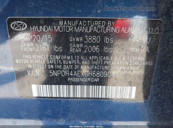 5NPDH4AEXGH680904 2016 HYUNDAI ELANTRA Blue Vista del compartimento del motor