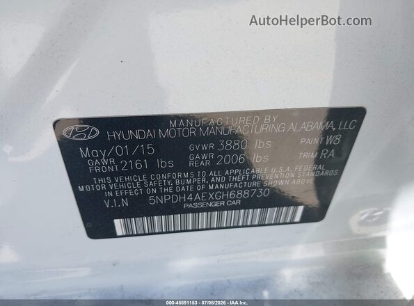 5NPDH4AEXGH688730 2016 HYUNDAI ELANTRA White ძრავის განყოფილების ხედი