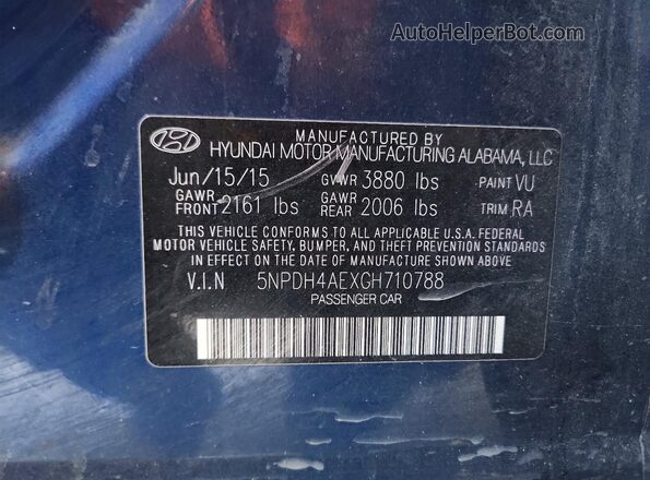 5NPDH4AEXGH710788 2016 HYUNDAI ELANTRA Blue Շարժիչի բաժամունքի տեսք