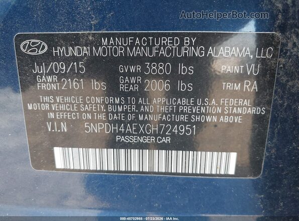 5NPDH4AEXGH724951 2016 HYUNDAI ELANTRA Blue Вид підкапотного простору