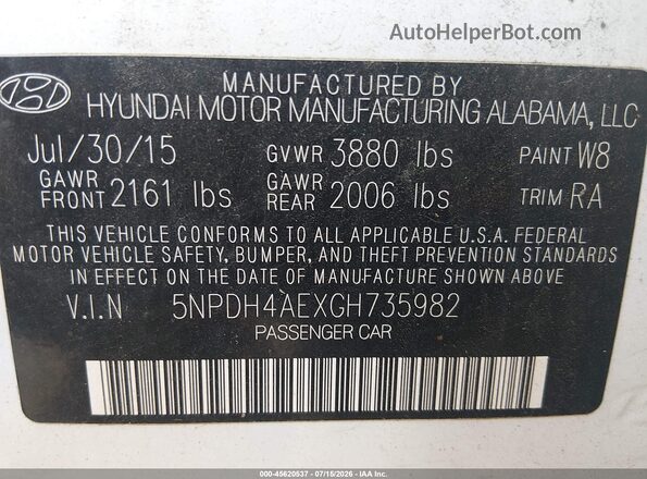 5NPDH4AEXGH735982 2016 HYUNDAI ELANTRA White Вид підкапотного простору