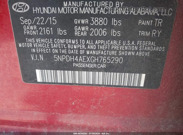 5NPDH4AEXGH765290 2016 HYUNDAI ELANTRA Red Вид підкапотного простору