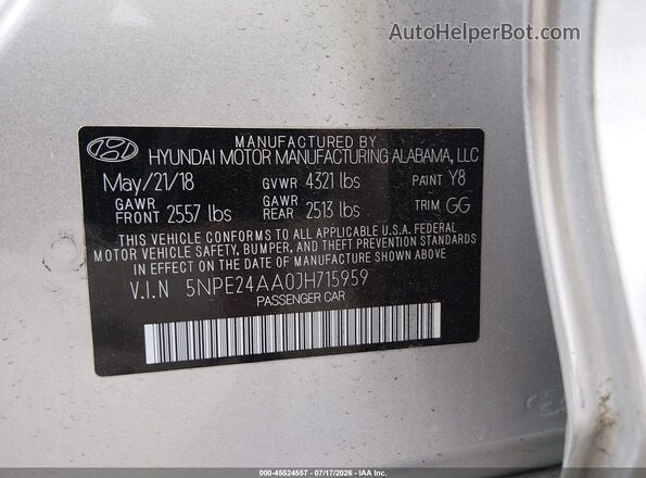 5NPE24AA0JH715959 2018 HYUNDAI SONATA Silver Вид підкапотного простору