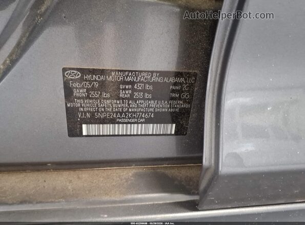5NPE24AA2KH774674 2019 HYUNDAI SONATA Gray ძრავის განყოფილების ხედი