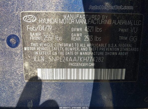 5NPE24AA7KH774282 2019 HYUNDAI SONATA Синий Вид подкапотного пространства