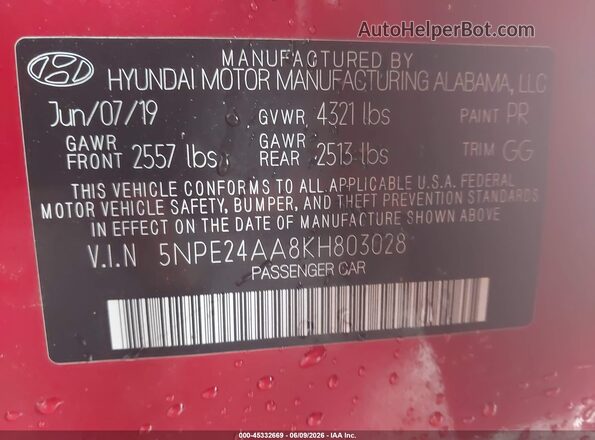 5NPE24AA8KH803028 2019 HYUNDAI SONATA Red Vista del compartimento del motor