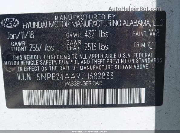 5NPE24AA9JH682833 2018 HYUNDAI SONATA White Вид підкапотного простору