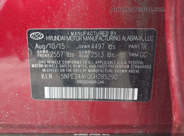 5NPE24AF0GH285290 2016 HYUNDAI SONATA Красный Вид подкапотного пространства