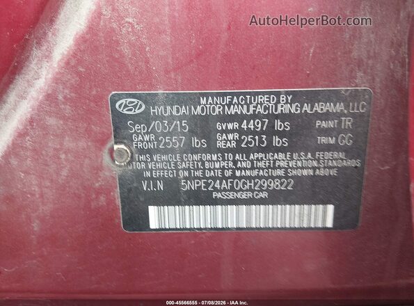 5NPE24AF0GH299822 2016 HYUNDAI SONATA Red ძრავის განყოფილების ხედი
