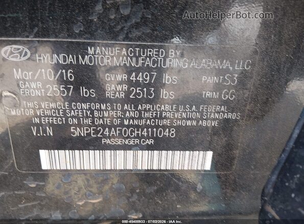 5NPE24AF0GH411048 2016 HYUNDAI SONATA Black Շարժիչի բաժամունքի տեսք