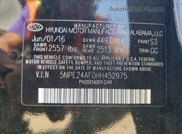 5NPE24AF0HH452975 2017 HYUNDAI SONATA Black ძრავის განყოფილების ხედი