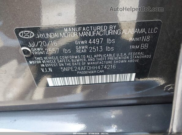5NPE24AF0HH474216 2017 HYUNDAI SONATA Brown Vista del compartimento del motor