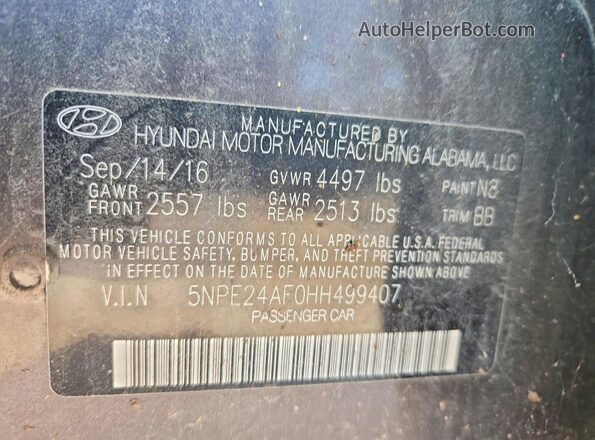 5NPE24AF0HH499407 2017 HYUNDAI SONATA Charcoal Вид підкапотного простору