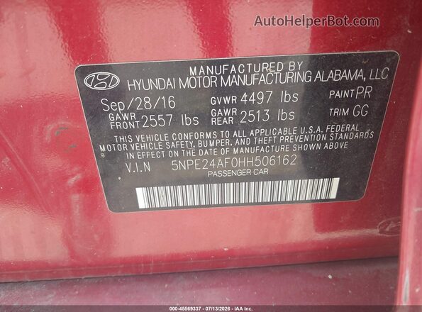 5NPE24AF0HH506162 2017 HYUNDAI SONATA Red Widok komory silnika