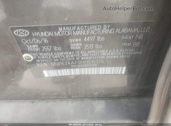 5NPE24AF0HH510325 2017 HYUNDAI SONATA Gray Շարժիչի բաժամունքի տեսք