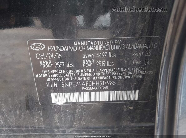 5NPE24AF0HH517985 2017 HYUNDAI SONATA Black Շարժիչի բաժամունքի տեսք