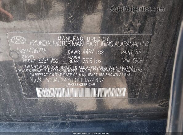 5NPE24AF0HH524807 2017 HYUNDAI SONATA Black Vista del compartimento del motor