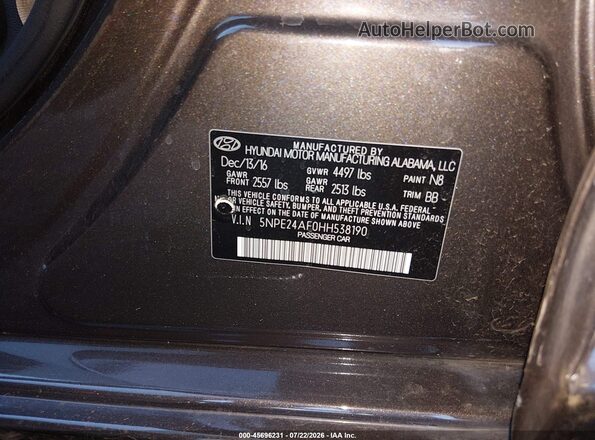 5NPE24AF0HH538190 2017 HYUNDAI SONATA Brown Widok komory silnika