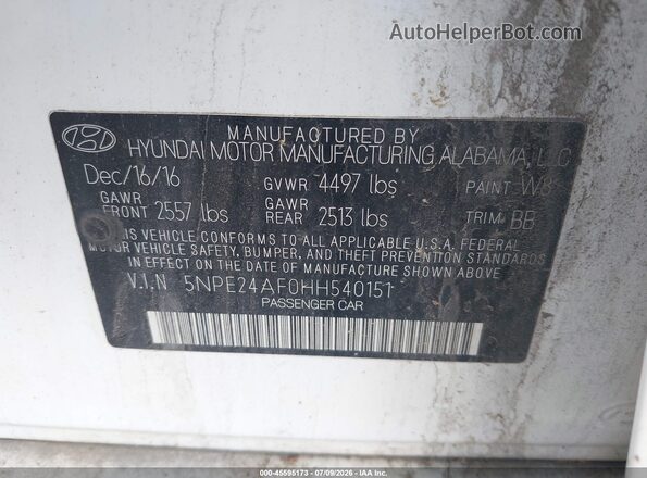 5NPE24AF0HH540151 2017 HYUNDAI SONATA Белый Вид подкапотного пространства