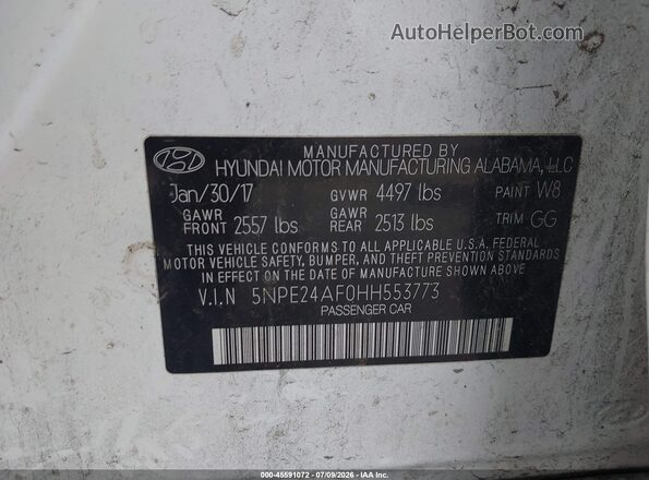5NPE24AF0HH553773 2017 HYUNDAI SONATA White ძრავის განყოფილების ხედი
