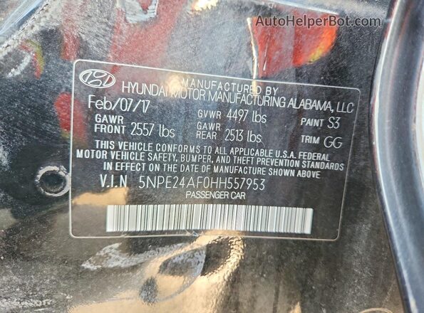 5NPE24AF0HH557953 2017 HYUNDAI SONATA Черный Вид подкапотного пространства