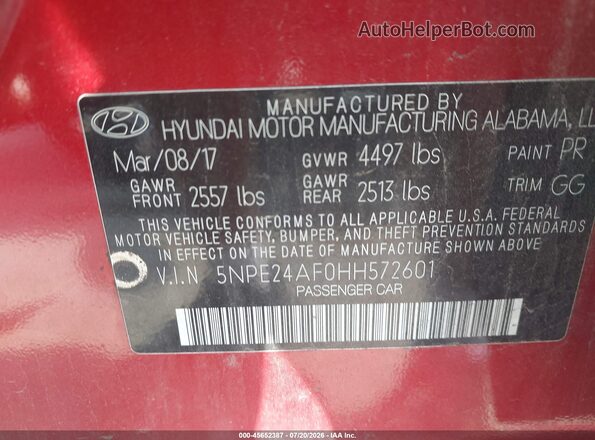 5NPE24AF0HH572601 2017 HYUNDAI SONATA Red ძრავის განყოფილების ხედი