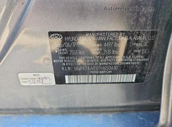 5NPE24AF0JH650610 2018 HYUNDAI SONATA Gray Շարժիչի բաժամունքի տեսք