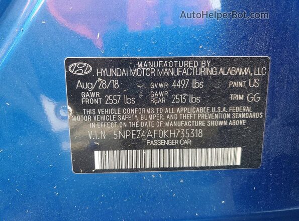 5NPE24AF0KH735318 2019 HYUNDAI SONATA Blue VIN კოდის სტიკერის ხედი