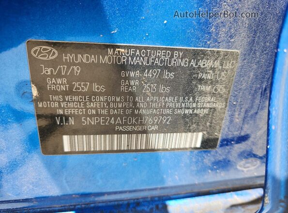5NPE24AF0KH769792 2019 HYUNDAI SONATA Blue ძრავის განყოფილების ხედი