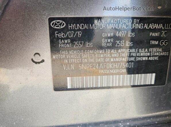 5NPE24AF0KH775401 2019 HYUNDAI SONATA Silver VIN կոդի պիտակի տեսք