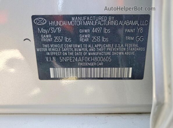 5NPE24AF0KH800605 2019 HYUNDAI SONATA Silver VIN sticker view