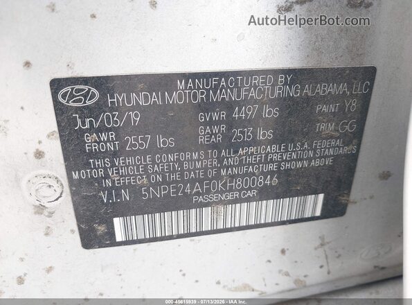 5NPE24AF0KH800846 2019 HYUNDAI SONATA Silver Engine compartment view