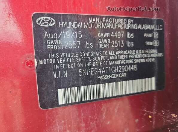 5NPE24AF1GH290448 2016 HYUNDAI SONATA Red Вид підкапотного простору