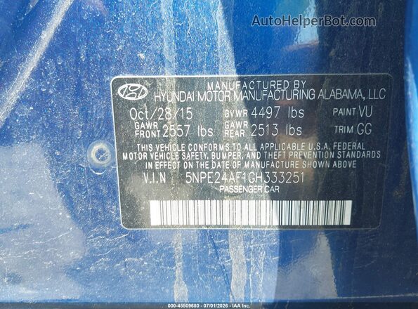 5NPE24AF1GH333251 2016 HYUNDAI SONATA Blue Vista del compartimento del motor