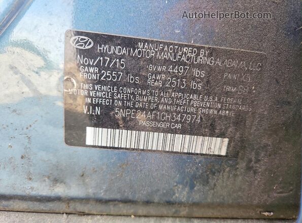 5NPE24AF1GH347974 2016 HYUNDAI SONATA Teal Vista del compartimento del motor