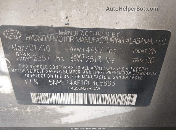 5NPE24AF1GH405663 2016 HYUNDAI SONATA Silver Vista del compartimento del motor