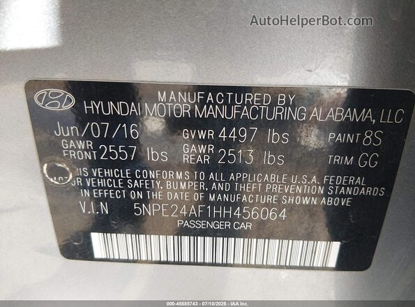 5NPE24AF1HH456064 2017 HYUNDAI SONATA Silver Շարժիչի բաժամունքի տեսք